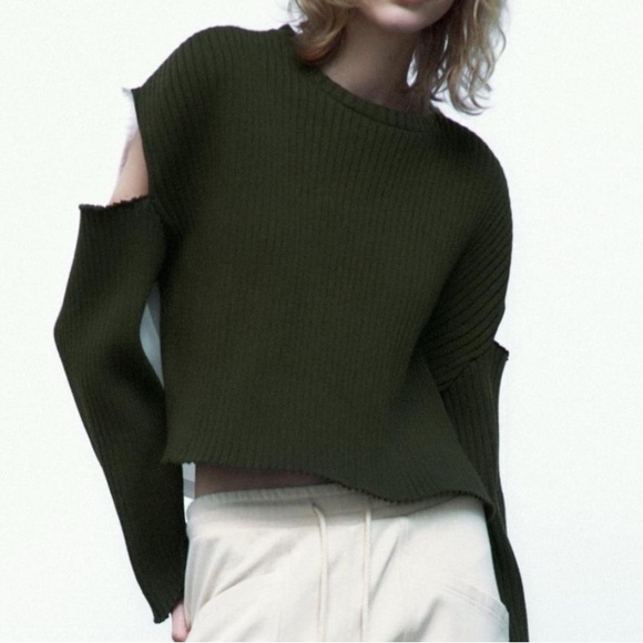 Zara Sweater Slouchy Ribbed Knit Cotton Cut Out Army Green Military M - Picture 2 of 11